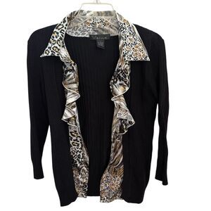VENUE‎ Women's Black Animal Print Ruffle Cardigan Size L